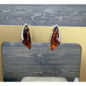 Vintage Sterling Silver 925 And Baltic Amber Clip On Earrings